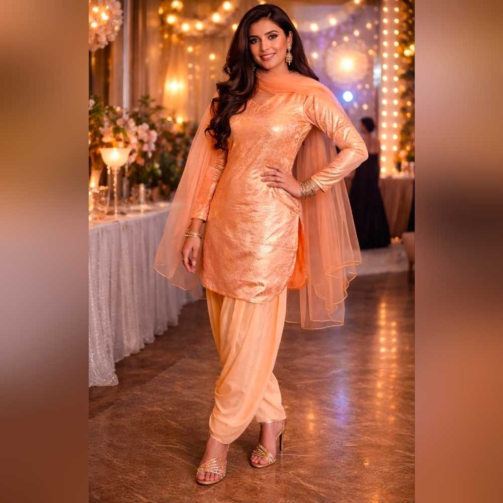 ✨ Punjabi Wedding Jamawar Suit – Fancy Peach Outfit (Size 38) ✨